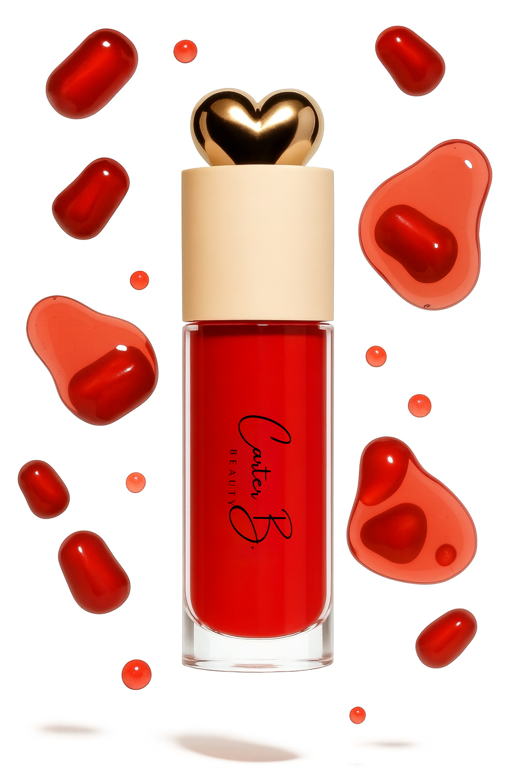 Carter B. Beauty Lippenöl in der Farbe pomegranate – feuchtigkeitsspendendes, natürliches Lip Oil mit frischen Akzenten und pflegender Formel, präsentiert vor einem beerigen Hintergrund. (stehend)