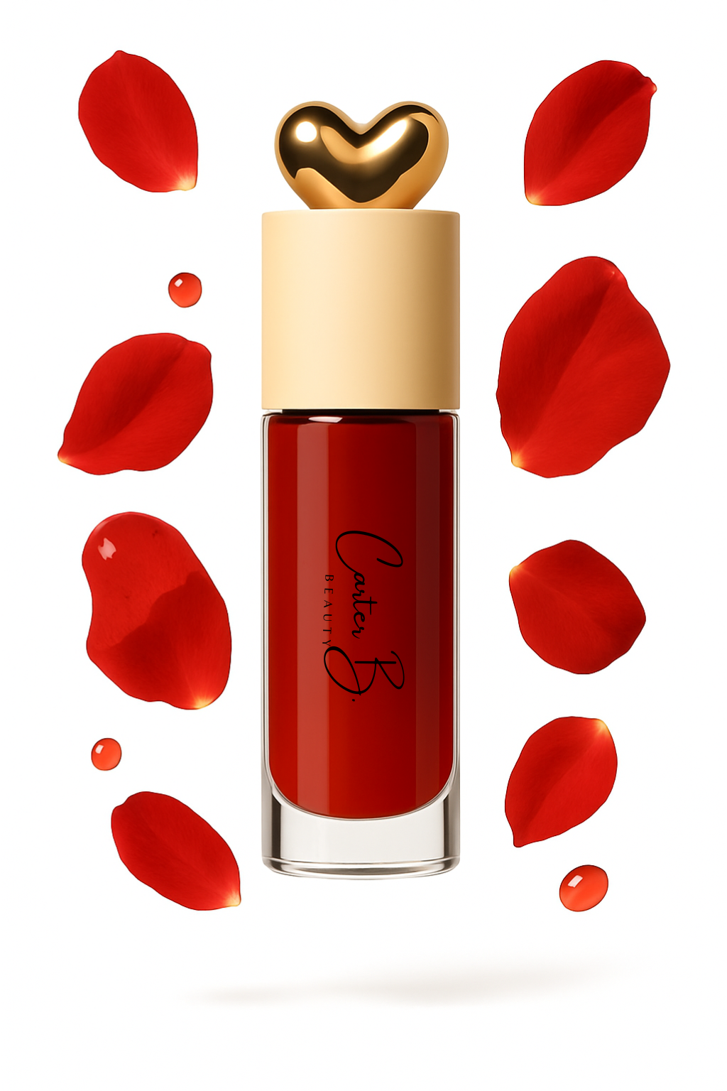 Carter B. Beauty Lippenöl in der Farbe ROSEWOOD – feuchtigkeitsspendendes, natürliches Lip Oil mit rosenholzfarbenden Akzenten und pflegender Formel, präsentiert vor einem strahlenden rosigem Hintergrund. (stehend)