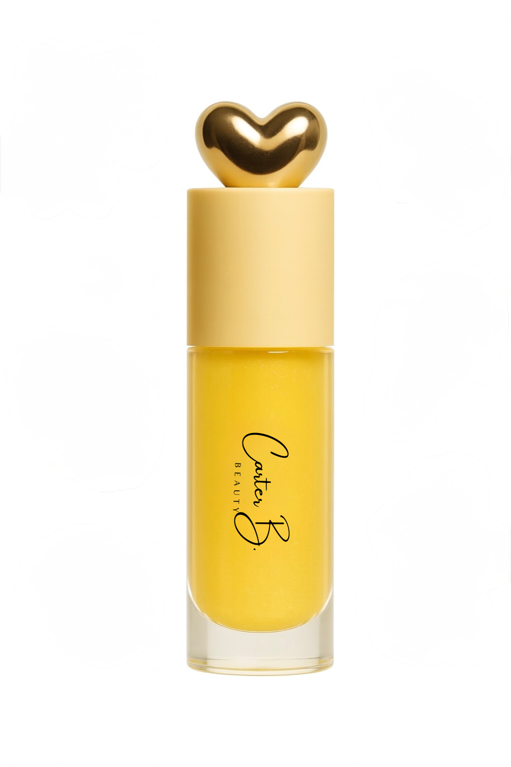 Carter B. Beauty Lippenöl in der Farbe GINGER – feuchtigkeitsspendendes, natürliches Lip Oil mit gelben Akzenten und pflegender Formel, präsentiert vor einem gelben Hintergrund. (stehend)