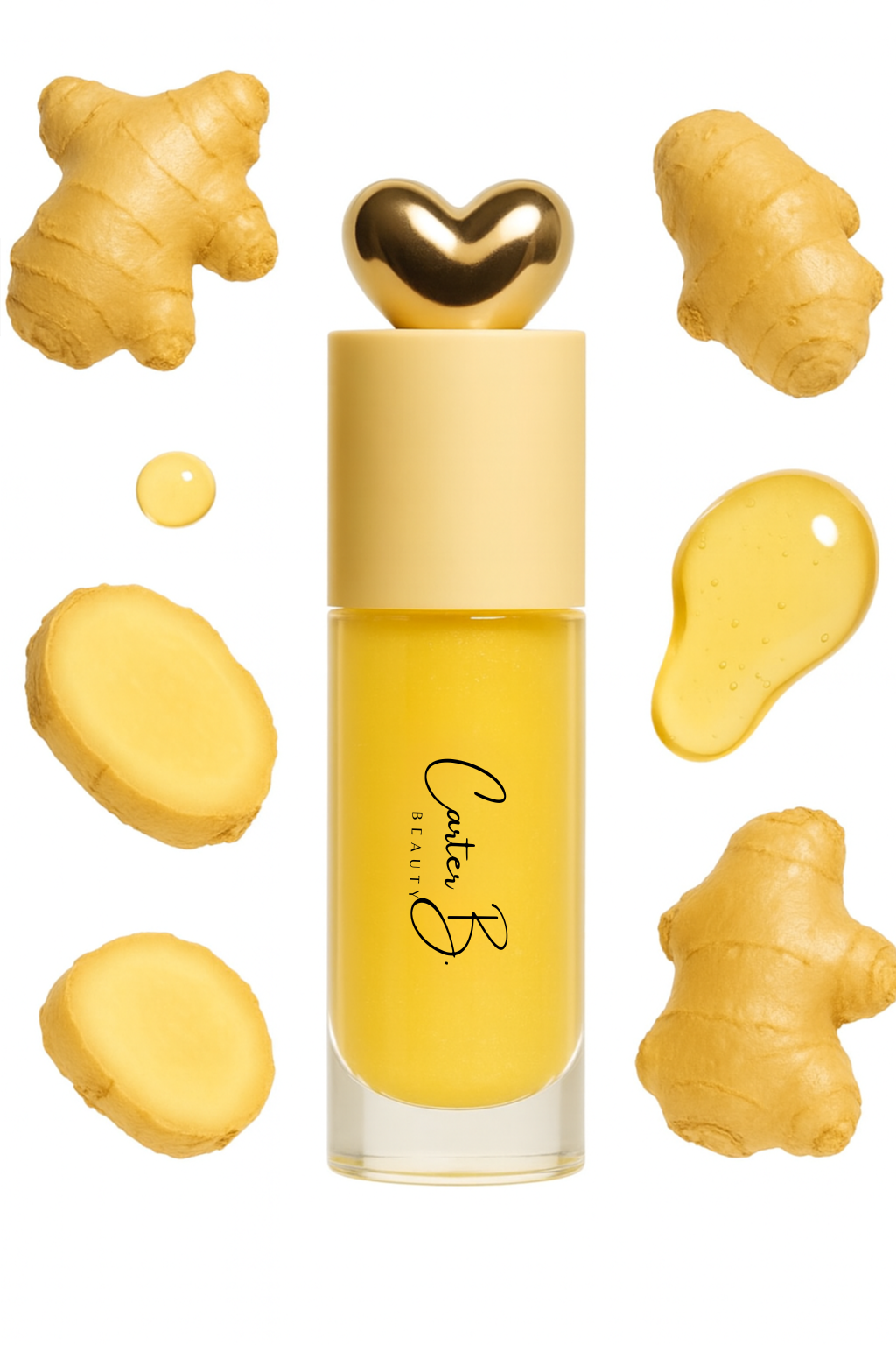 Carter B. Beauty Lippenöl in der Farbe GINGER – feuchtigkeitsspendendes, natürliches Lip Oil mit gelben Akzenten und pflegender Formel, präsentiert vor einem gelben Hintergrund. (stehend)
