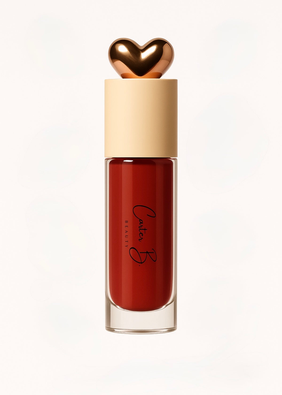 Carter B. Beauty Lippenöl in der Farbe ROSEWOOD – feuchtigkeitsspendendes, natürliches Lip Oil mit rosenholzfarbenden Akzenten und pflegender Formel, präsentiert vor einem strahlenden rosigem Hintergrund. (stehend)