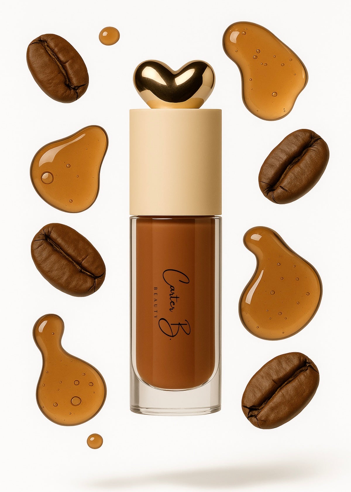 Carter B. Beauty Lippenöl in der Farbe LATTE – feuchtigkeitsspendendes, natürliches Lip Oil mit nudefarbenden Akzenten und pflegender Formel, präsentiert vor einem braunen Hintergrund. (stehend mit Kaffeebohnen im Hintergrund)